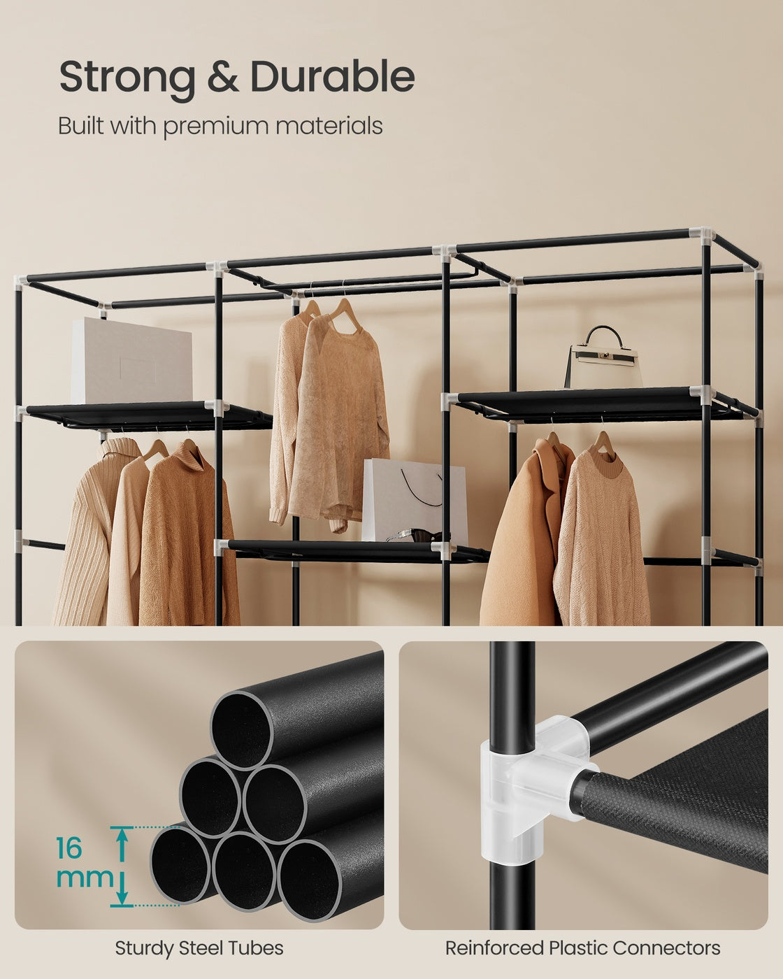 Portable Closet - Fabric Wardrobe - 4 Hanging Rods - 74.4 x 17.7 x 70.9 Inches - Black - Black