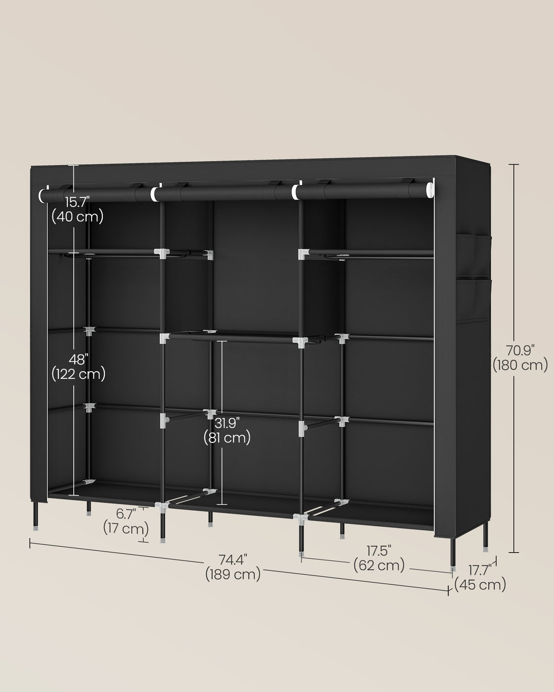 Portable Closet - Fabric Wardrobe - 4 Hanging Rods - 74.4 x 17.7 x 70.9 Inches - Black - Black