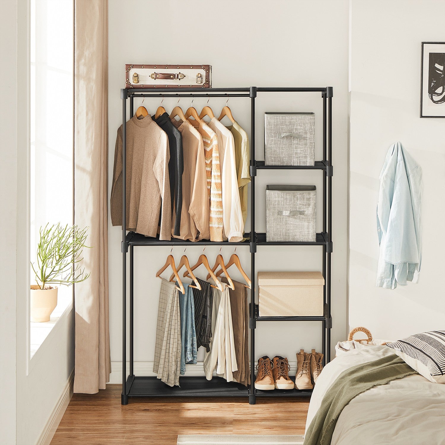 Freestanding Closet Organizer with Shelves - Hanging Rods - Gray