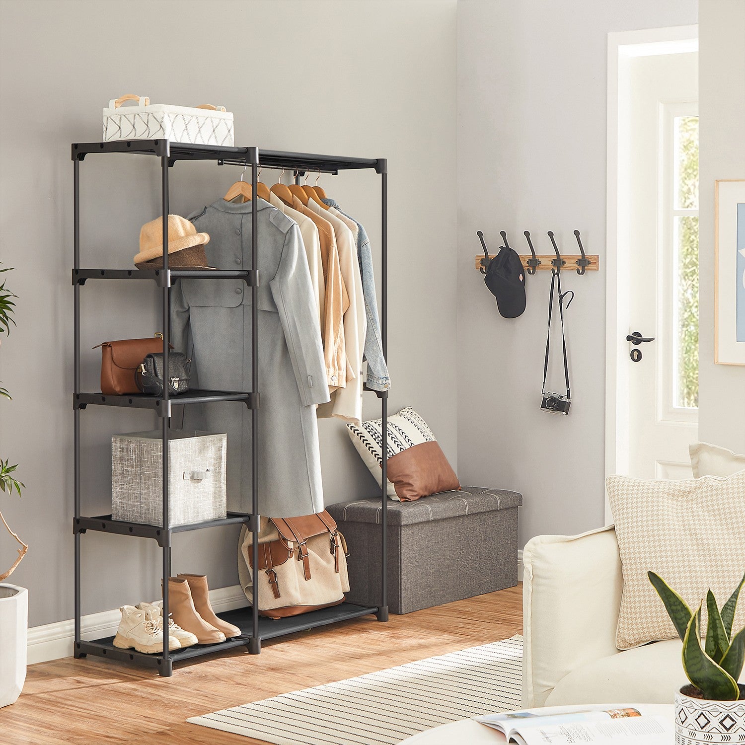 Freestanding Closet Organizer with Shelves - Hanging Rods - Gray