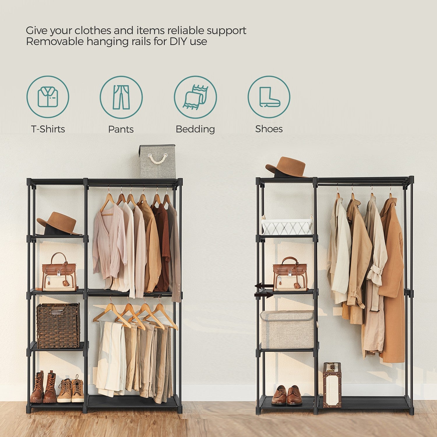 Freestanding Closet Organizer with Shelves - Hanging Rods - Gray