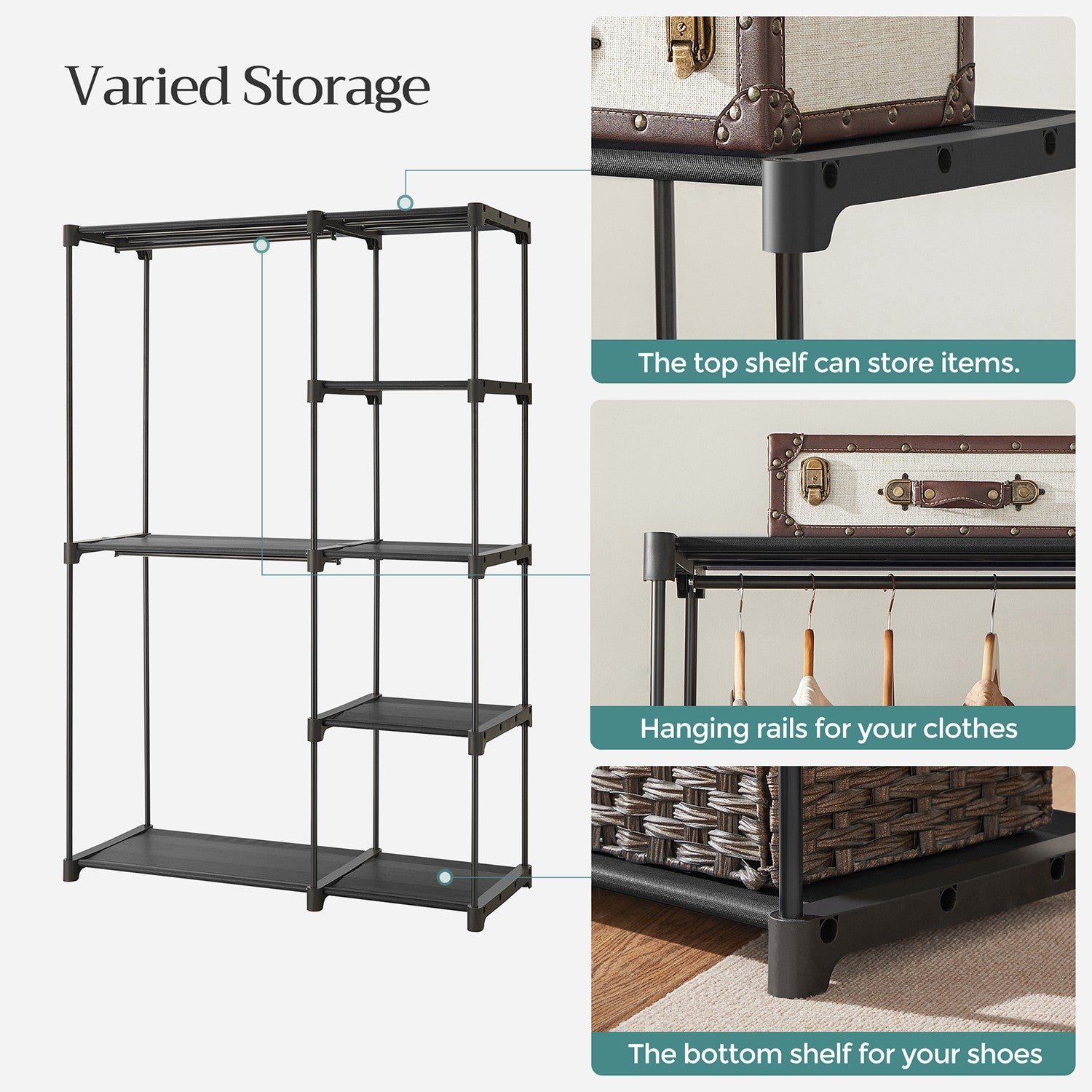 Freestanding Closet Organizer with Shelves - Hanging Rods - Gray