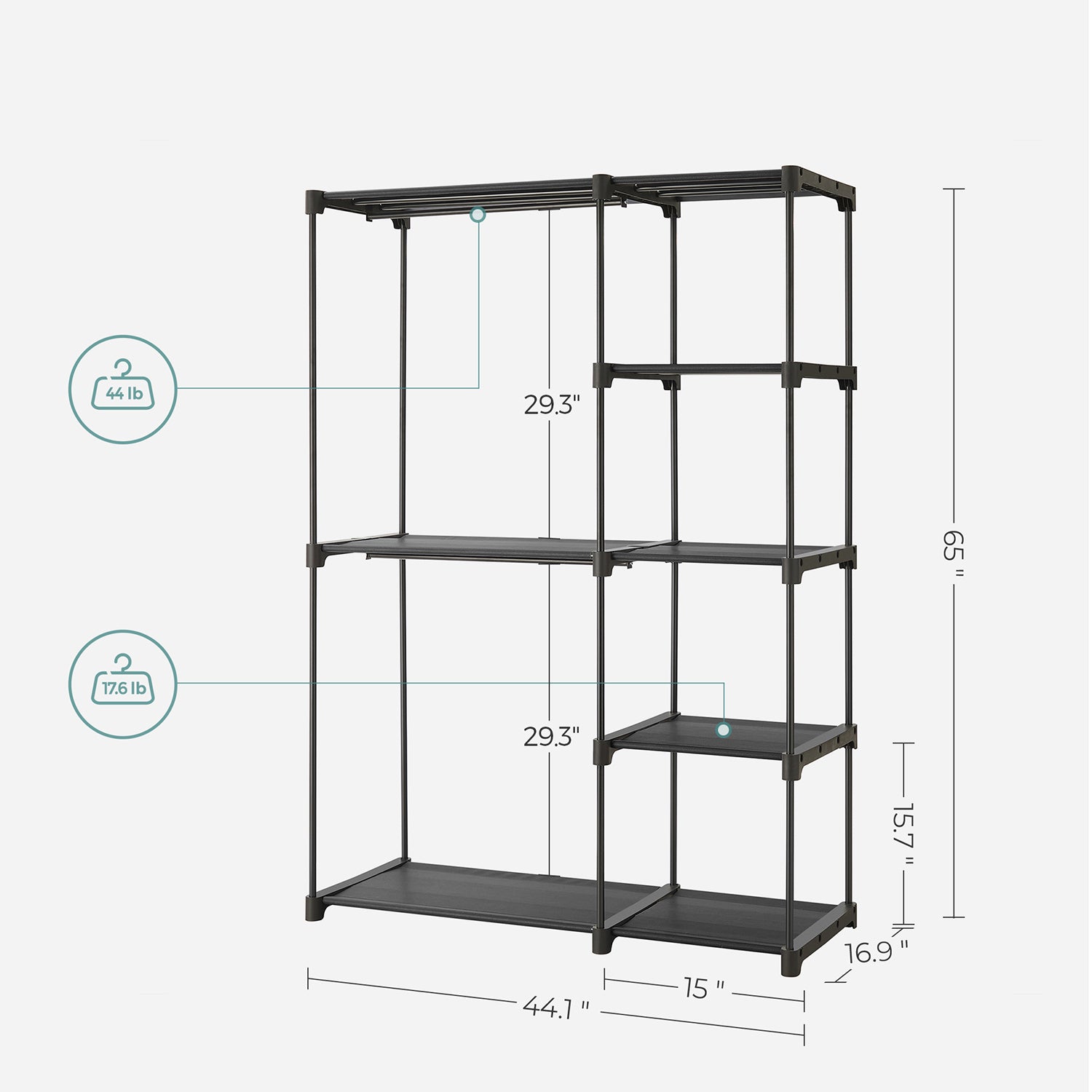 Freestanding Closet Organizer with Shelves - Hanging Rods - Gray
