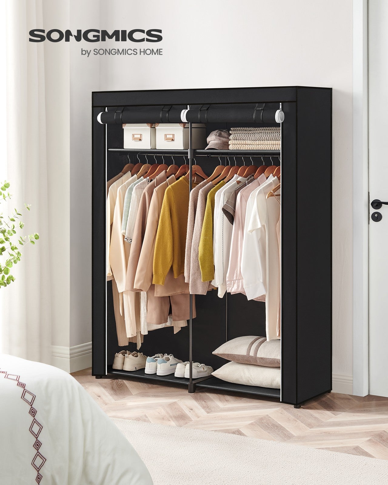 Closet Wardrobe with Non-Woven Fabric Cover - Black