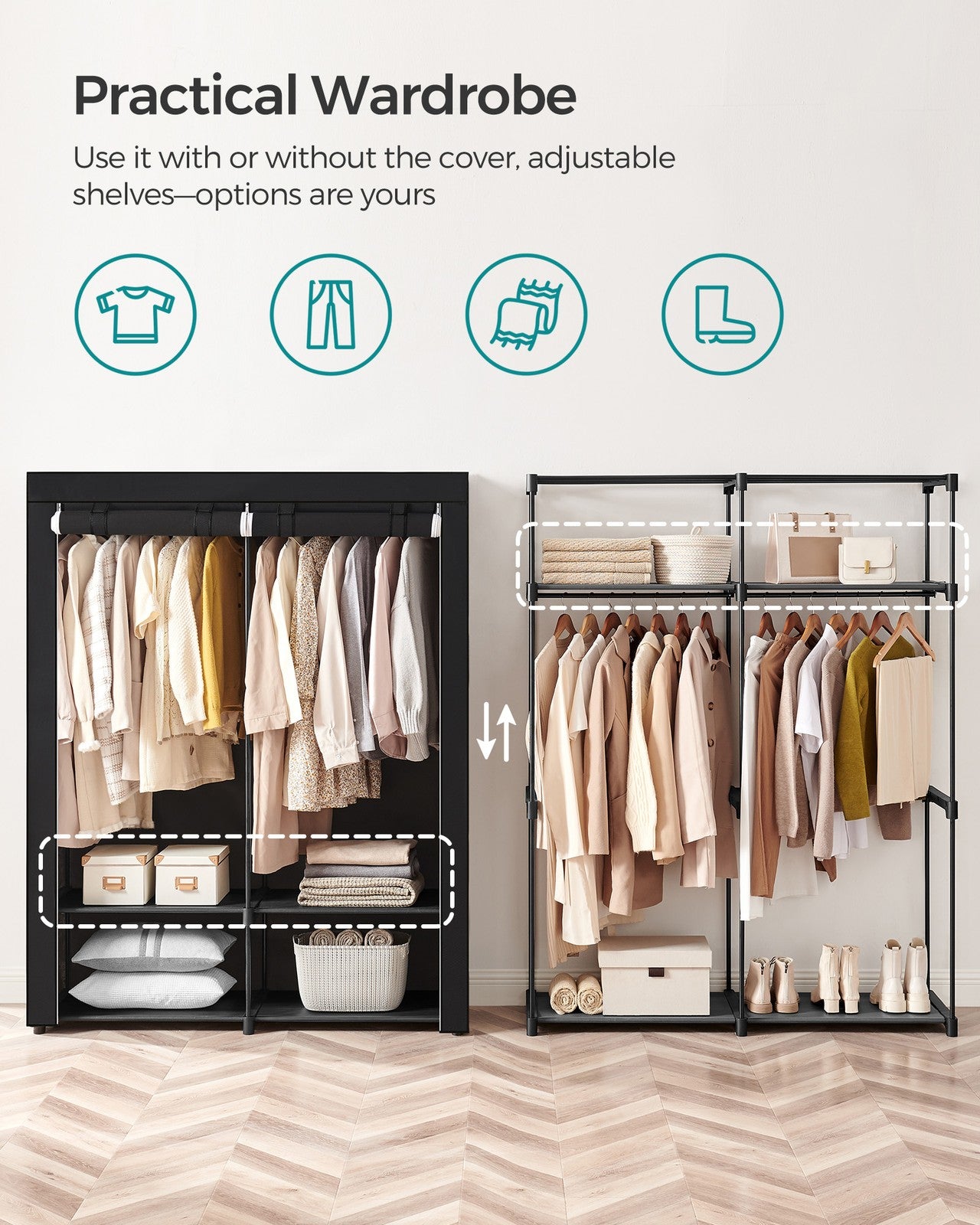 Closet Wardrobe with Non-Woven Fabric Cover - Black
