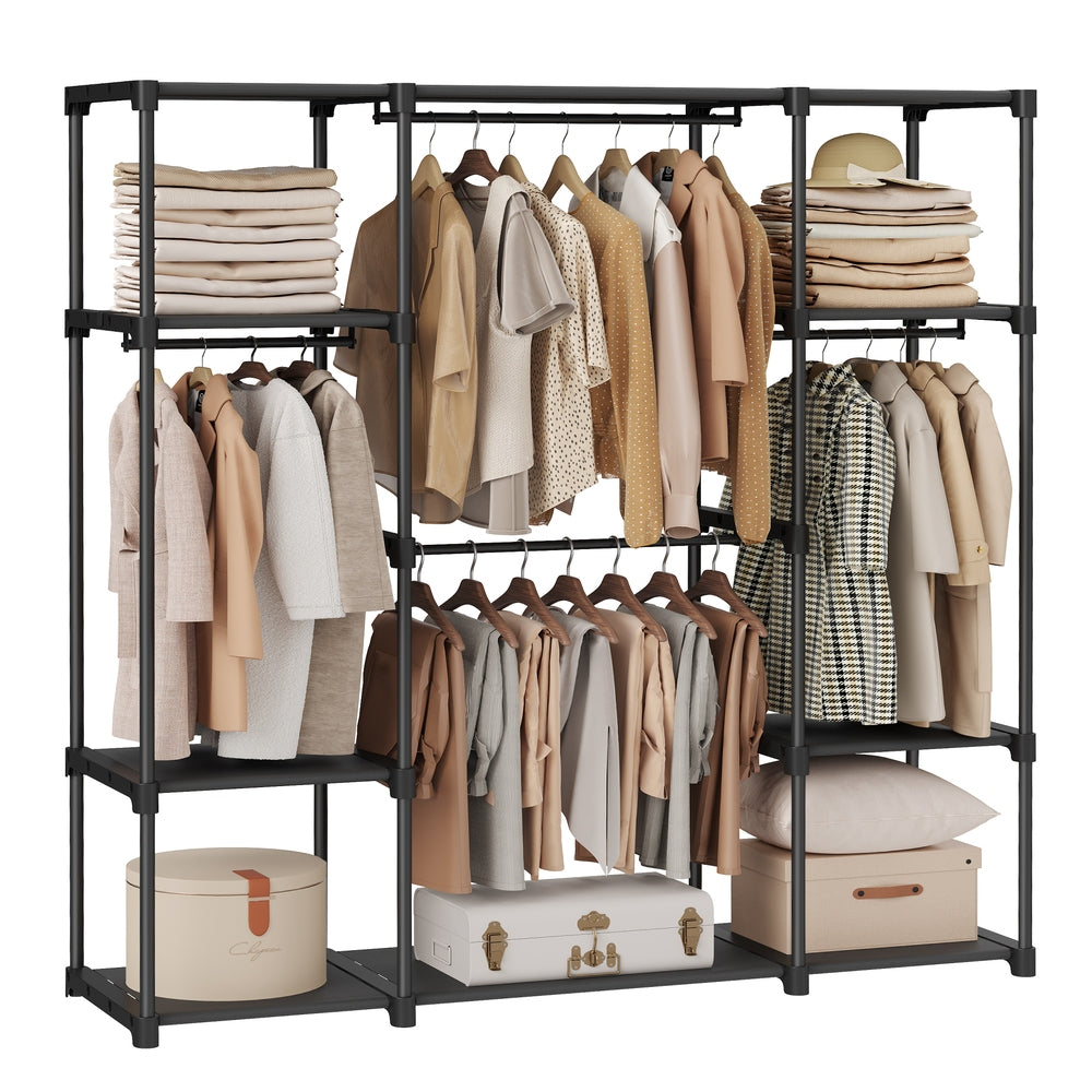 Freestanding Closet Organizer with Shelves - Hanging Rods - Black - 59.5”L x 16.9”W x 65.4”H