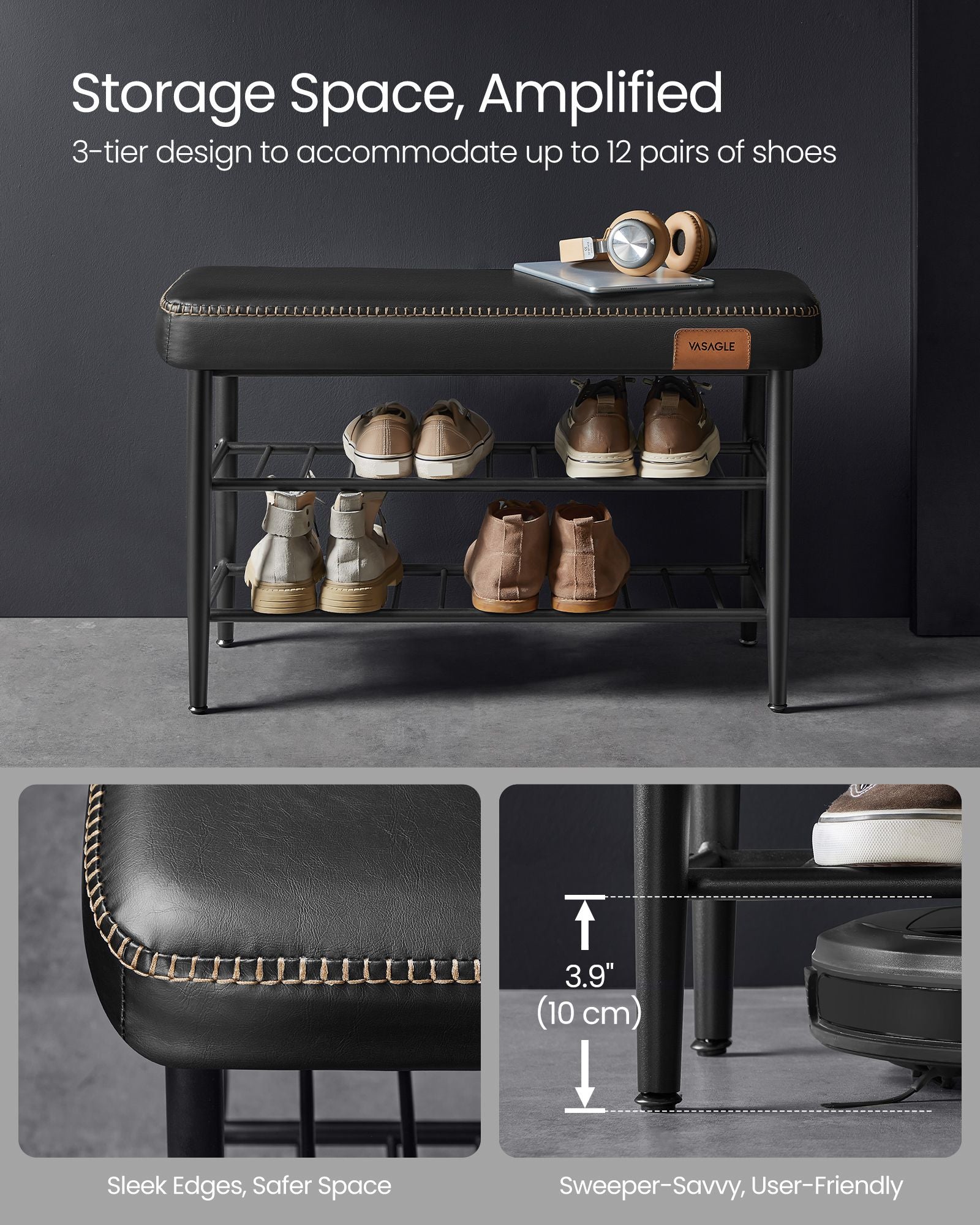 Upholstered Shoe Bench – EKHO Collection – 3-Tier Storage – Padded Seat – Steel Frame