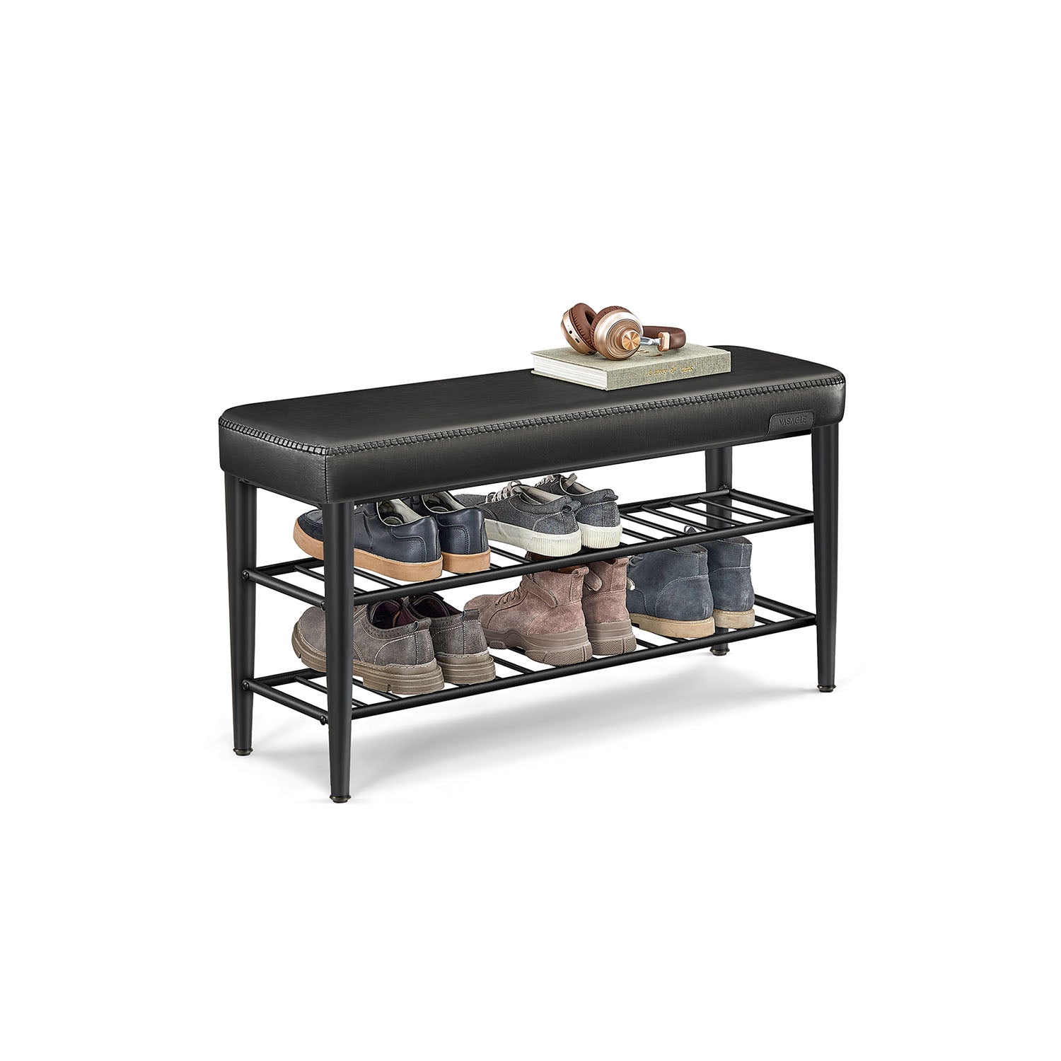 Upholstered Shoe Bench – EKHO Collection – 3-Tier Storage – Padded Seat – Steel Frame