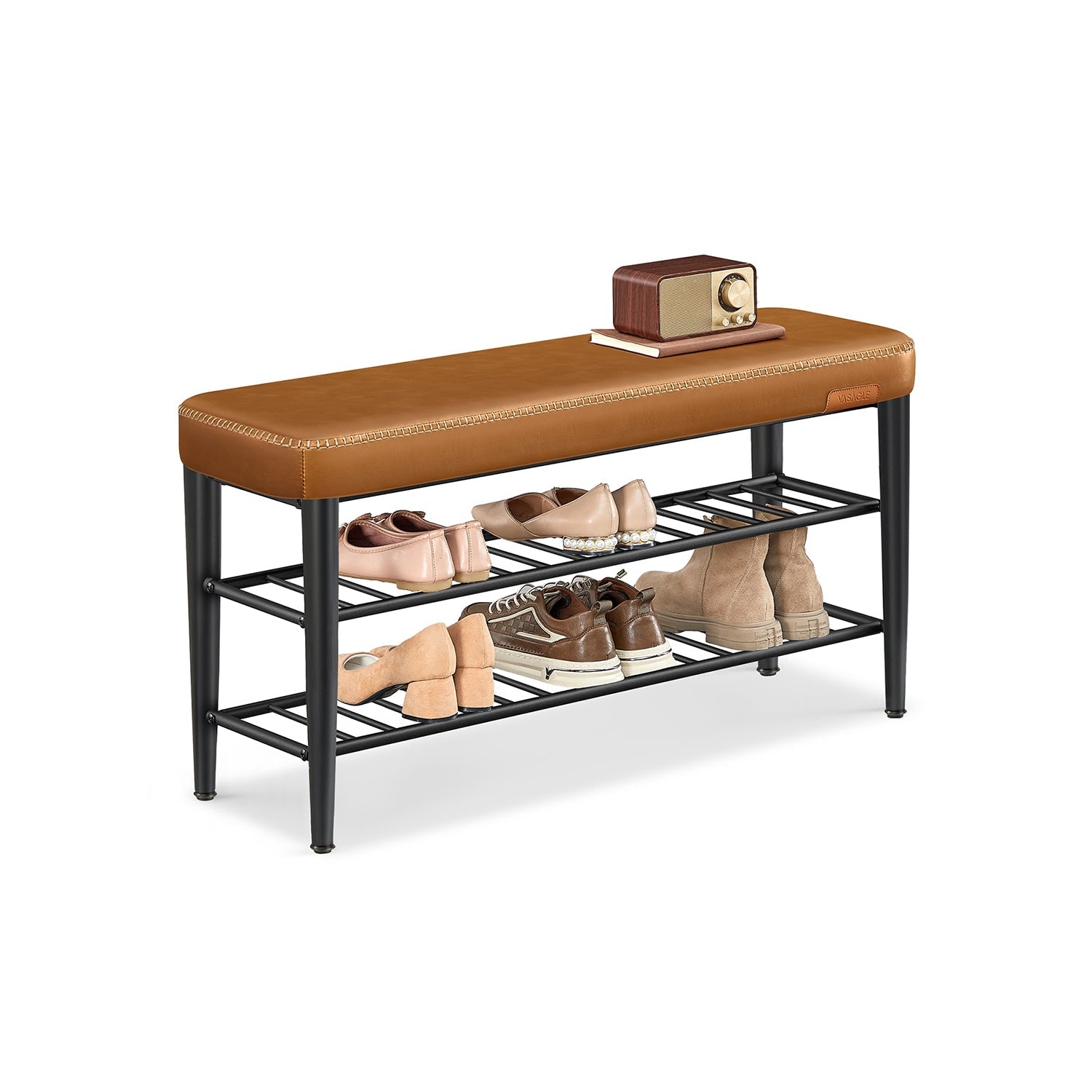 Upholstered Shoe Bench – EKHO Collection – 3-Tier Storage – Padded Seat – Steel Frame