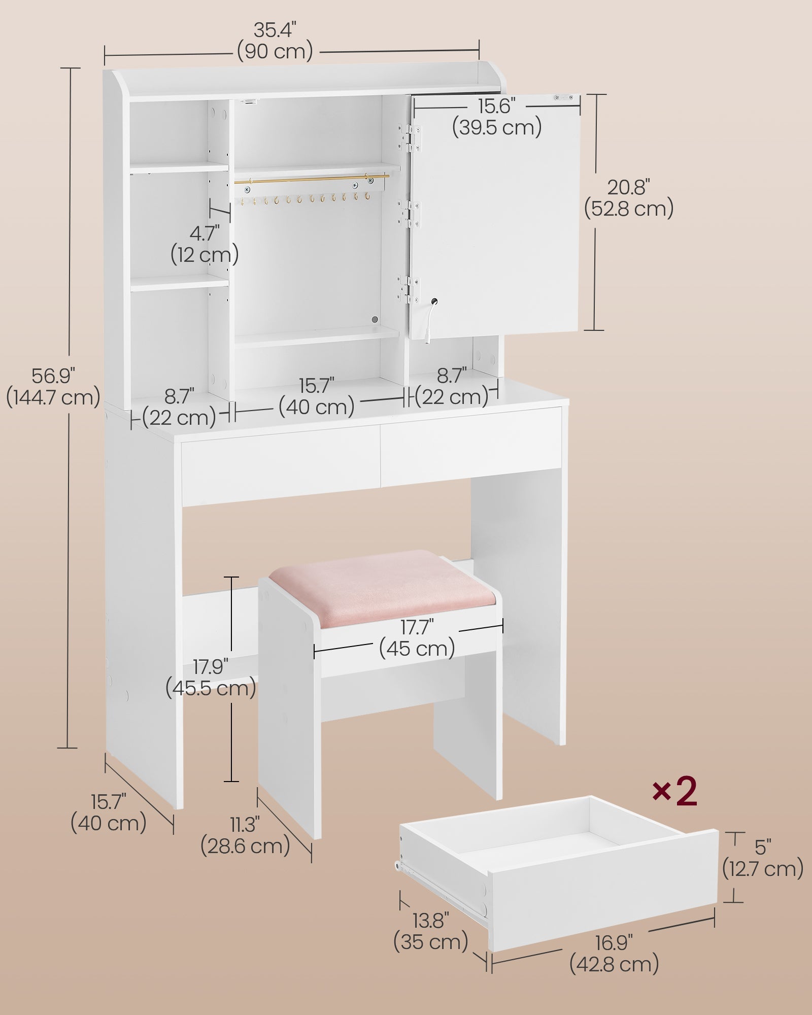 Vanity Table, Lighted Mirror, Stool, Adjustable LED, Storage, Jewelry Shelves