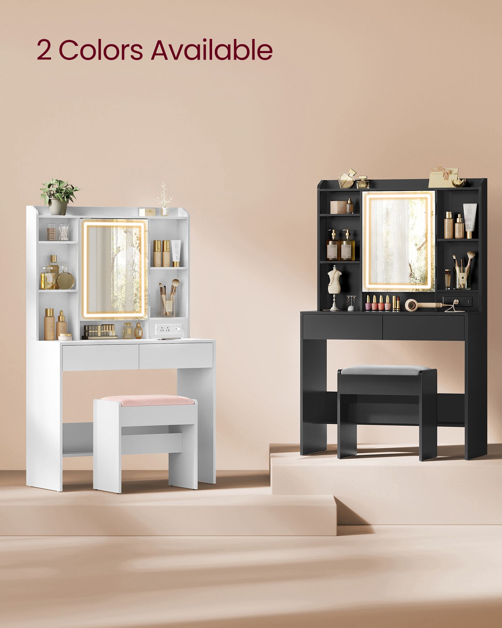 Vanity Table, Lighted Mirror, Stool, Adjustable LED, Storage, Jewelry Shelves