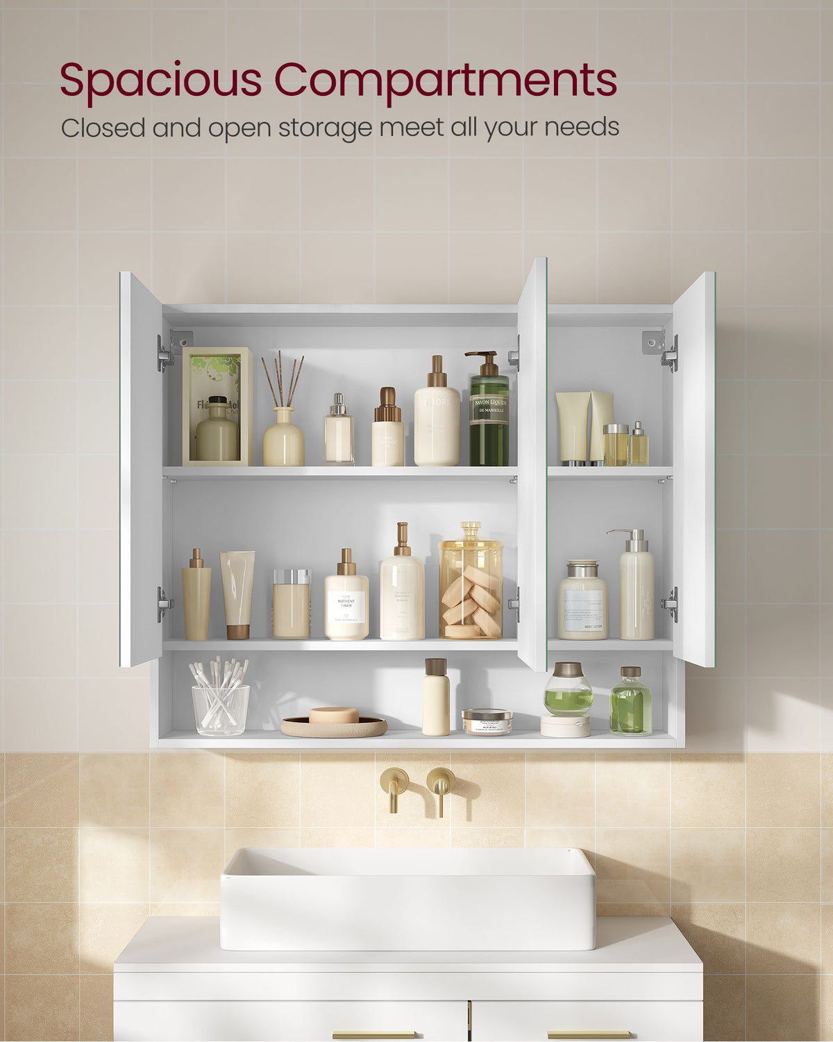 Wall-Mounted Bathroom Mirror Cabinet – Open & Closed Storage – 2 Sizes Available